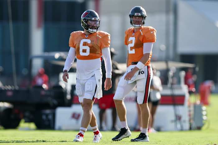 Aug 3, 2023; Tampa Bay, FL, USA; Tampa Bay Buccaneers quarterback Baker Mayfield (6) and quarterback Kyle Trask (2) participate in training camp at AdventHealth Training Center. Mandatory Credit: Nathan Ray Seebeck-USA TODAY Sports